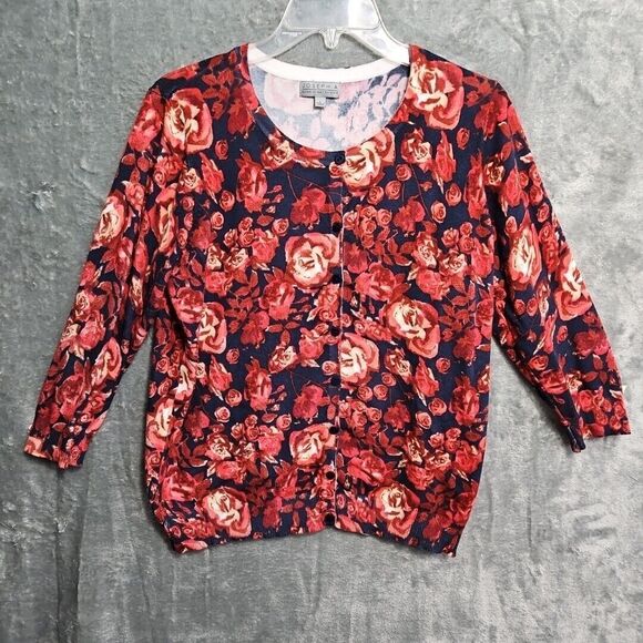 Joseph A Women's Sz Lg Sweater Cardigan Navy Red floral Rayon Nylon - Picture 1 of 10